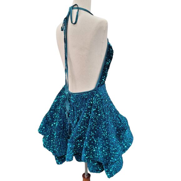 NWT Teal Halter Scoop Neck Sequin Short Dress - Picture 12 of 13